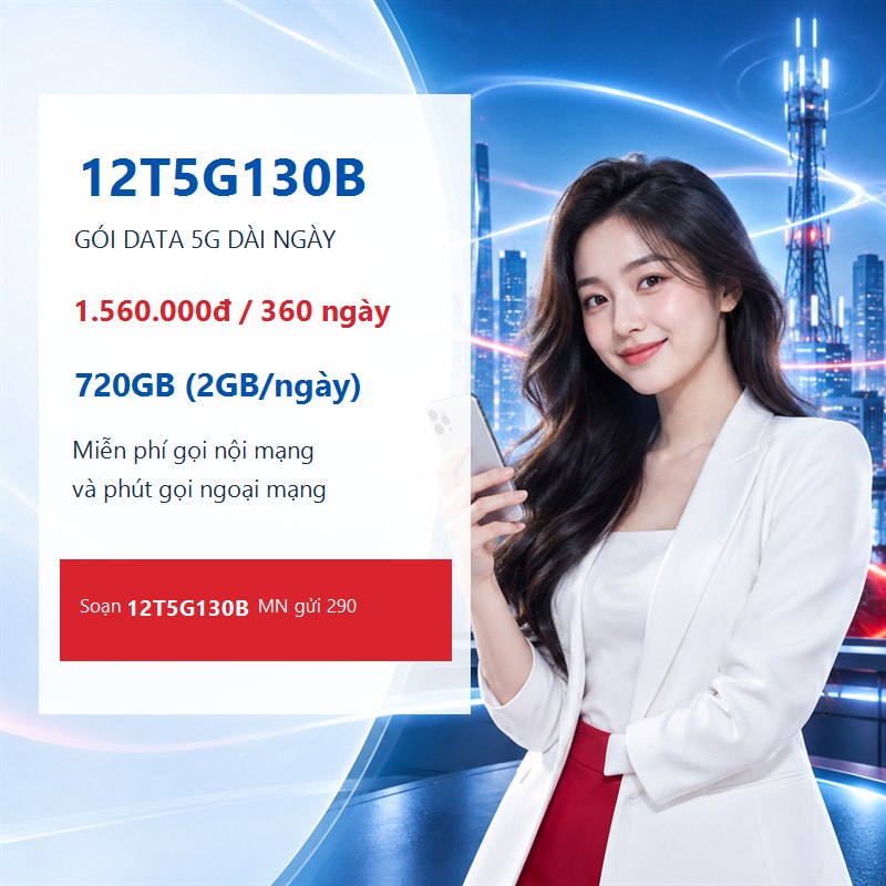 Gói 12T5G130B Viettel: 720GB, 2GB mỗi ngày và cú pháp đăng ký